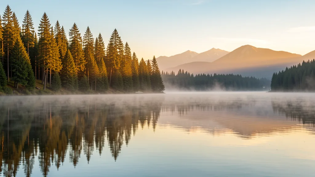 Lake Wilderness in Maple Valley, Washington at golden hour — Jeff's home base. Calm misty lake with evergreen forest and distant Cascade foothills.