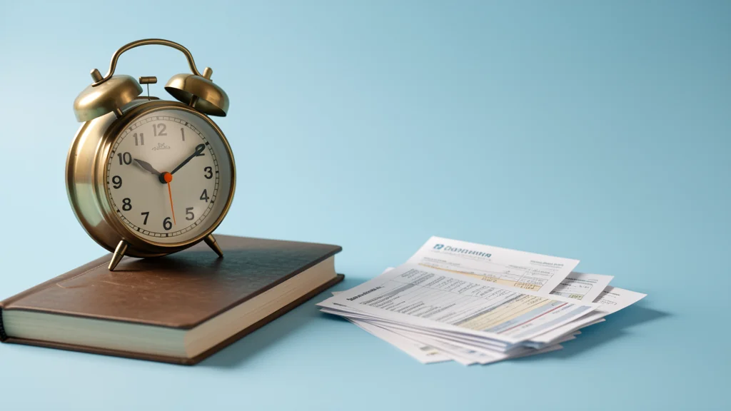 A vintage analog clock beside an organized ledger and receipts, representing on-time bookkeeping.