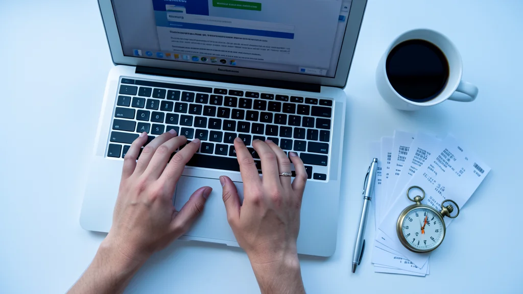 Hands working in QuickBooks Online on a laptop with organized receipts and a coffee.